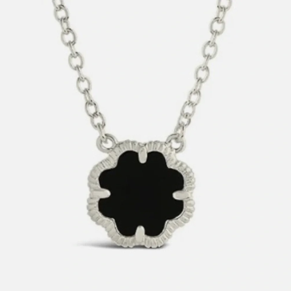 Sterling Forever Necklace Silver Tone Petal Pendant Necklace Black Onyx NEW